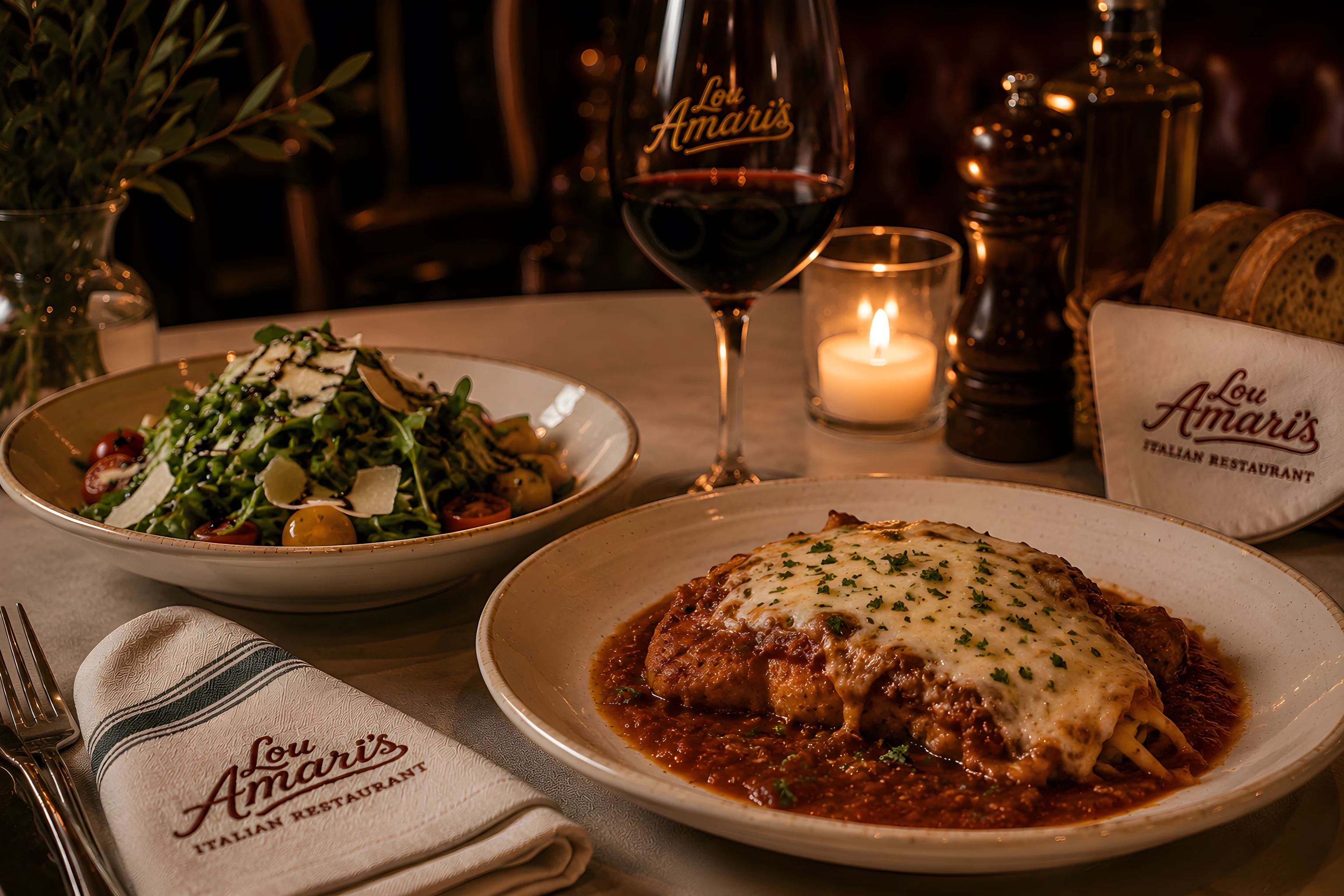 Chicken parmigiana with the edges crisp and mozzarella melted over marinara, a Caesar salad and a glass of Chianti beside it