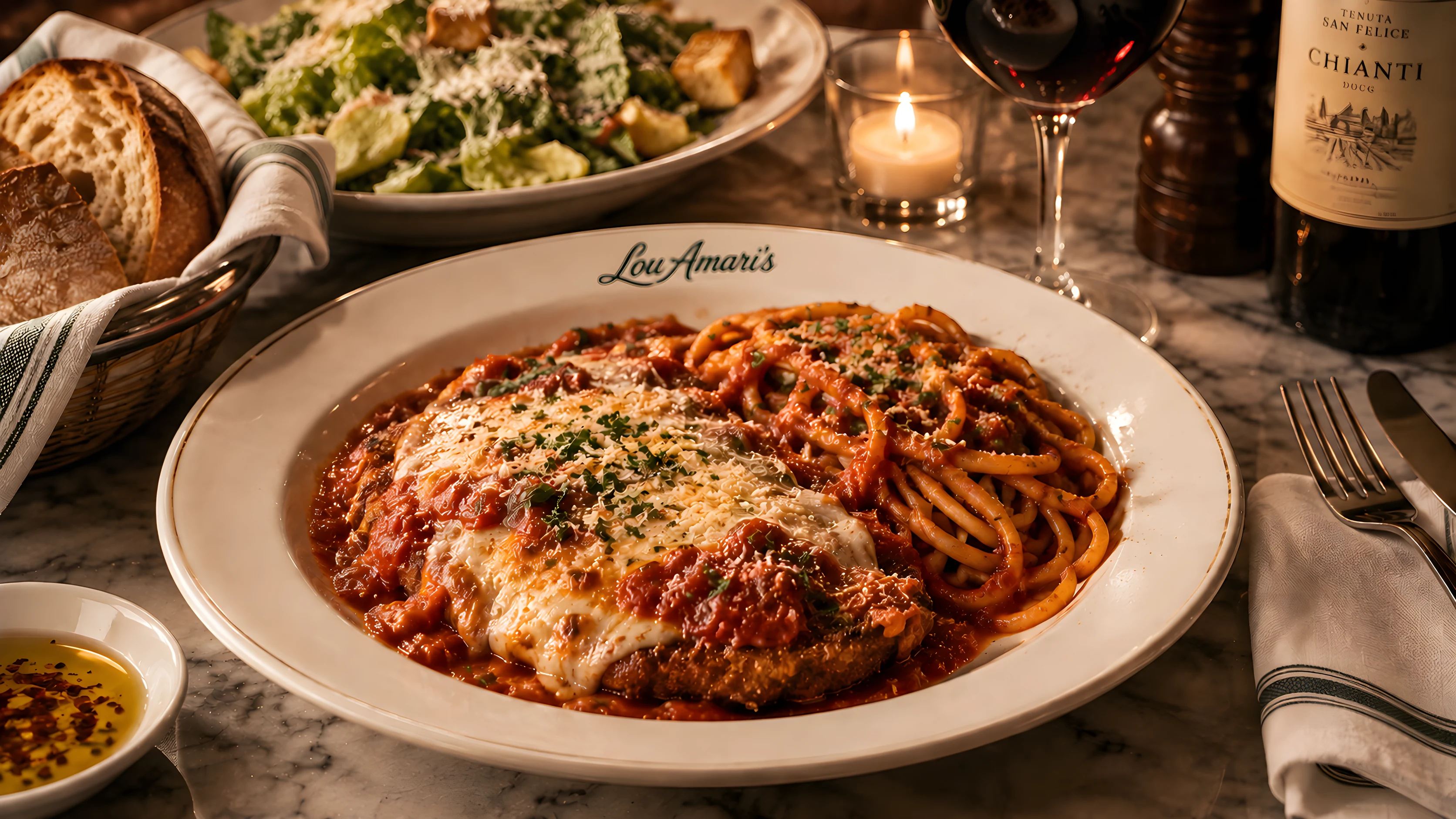 A plate of chicken parmigiana and spaghetti in red sauce, parmesan grated over the top, on a white tablecloth