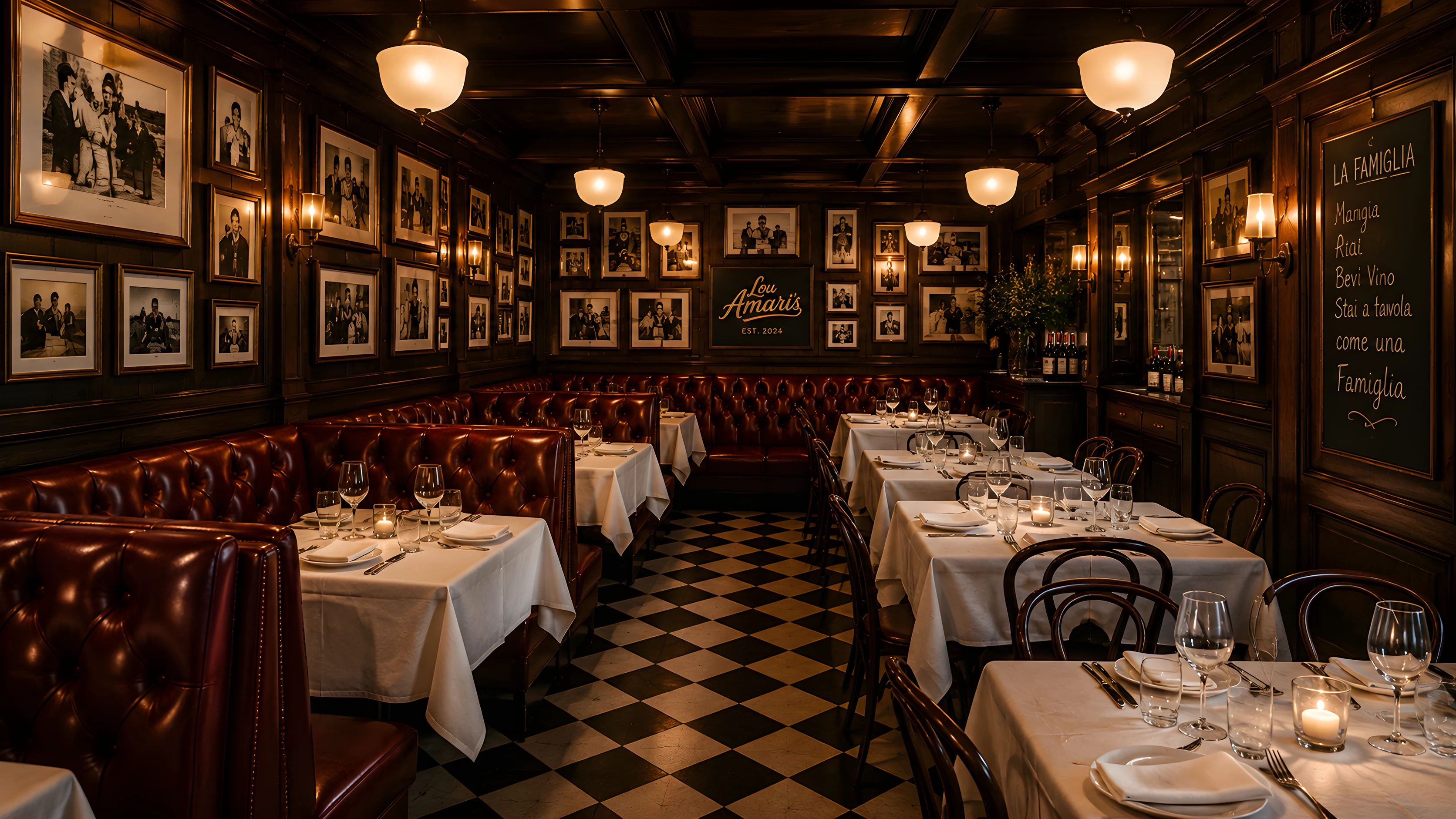The dining room at Lou Amari’s: oxblood leather booths, white tablecloths, checkerboard tile and a wall of framed photographs under globe pendants