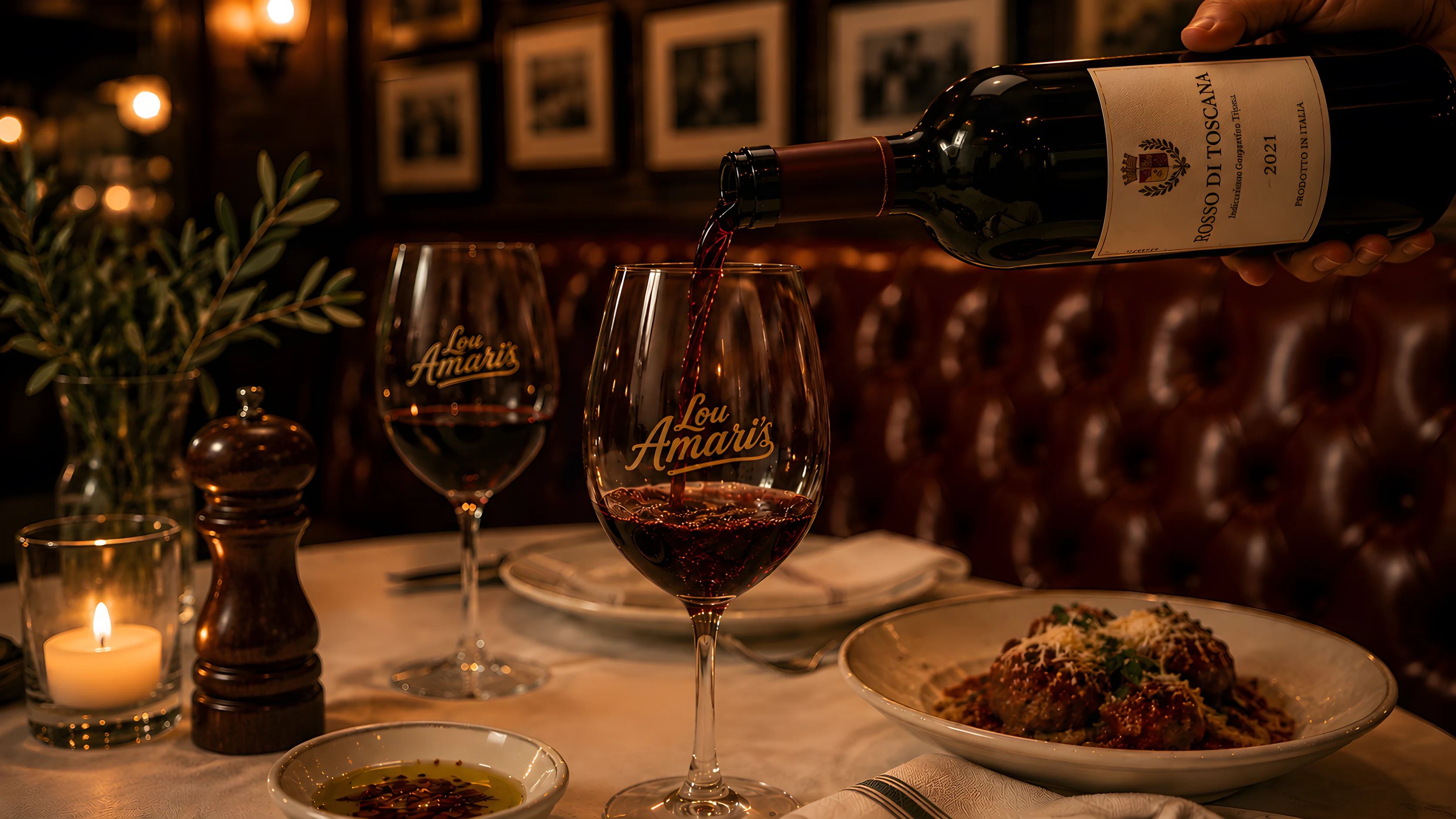Red wine being poured into a Lou Amari’s glass at an oxblood leather booth, candlelight on the white tablecloth